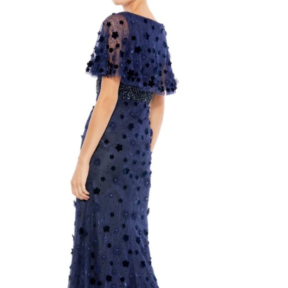 MAC DUGGAL FLORAL APPLIQUE FLUTTER SLEEVE MIDNIHGT NAVY GOWN sz 16 - Picture 2 of 5